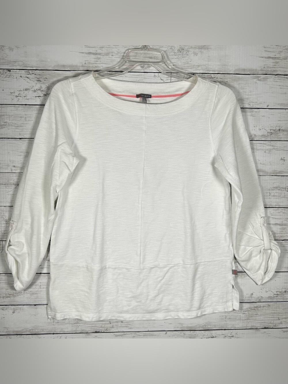 Talbots Cotton Textured Boat Neck Long Sleeve Roll Tab Cotton white T-Shirt L